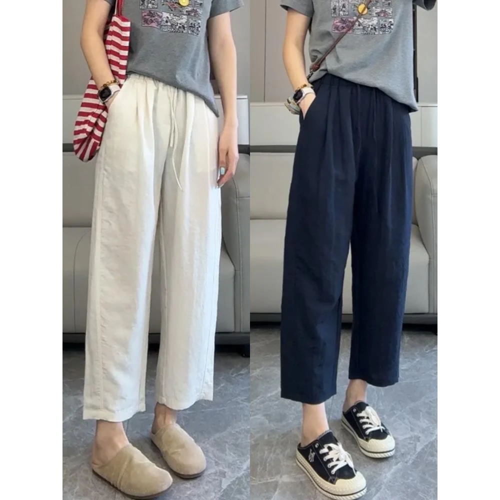 夏季九分天丝亚麻阔腿裤女薄款2025新款棉麻八分休闲女士冰丝裤子
