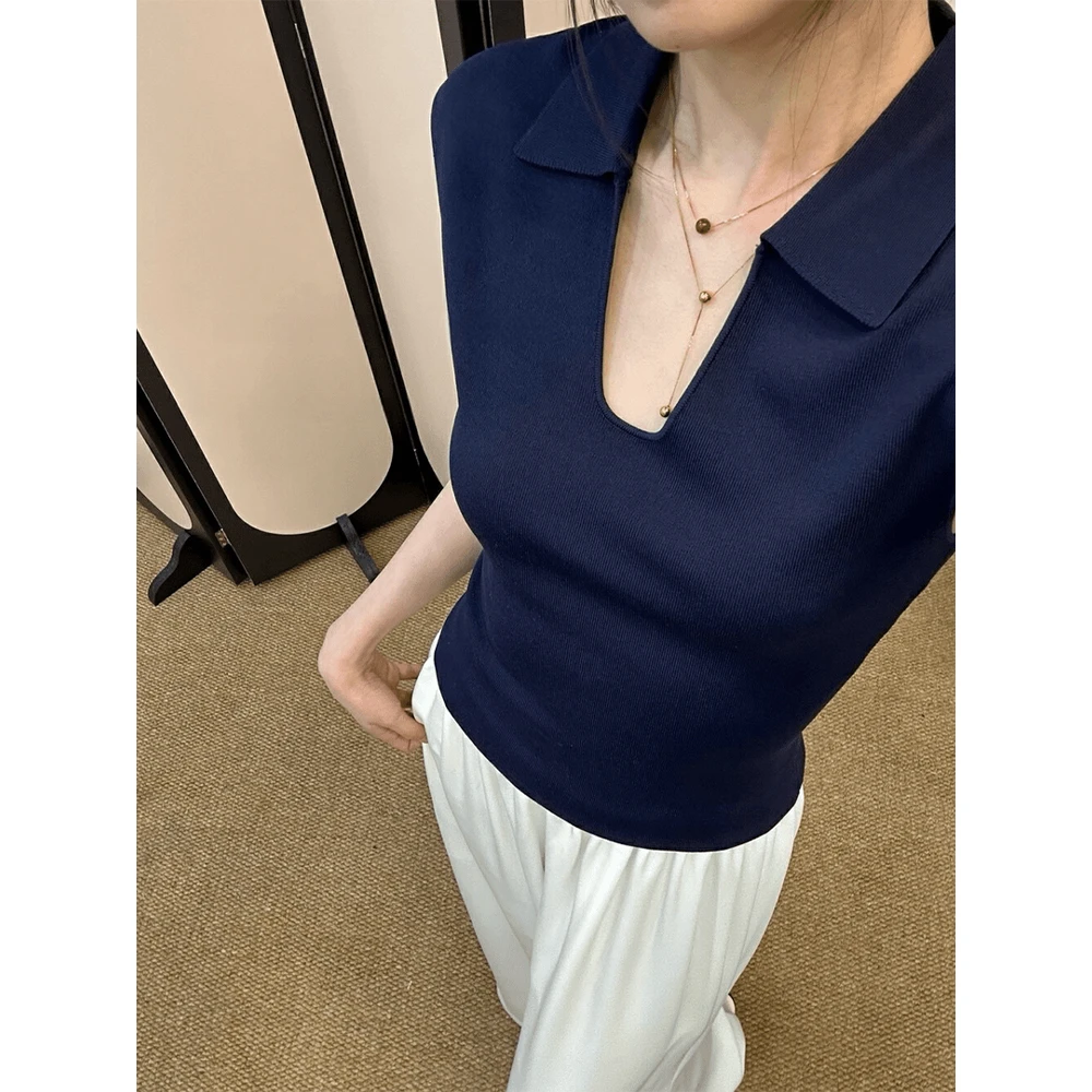 法式复古藏青色POLO领针织衫女老钱风U领修身飞飞袖正肩T恤上衣夏