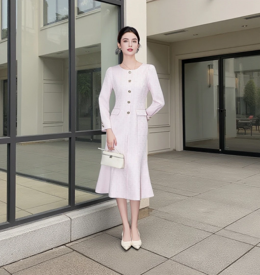 新款优雅鱼尾摆气质小香风名媛收腰长袖连衣裙女秋裙子