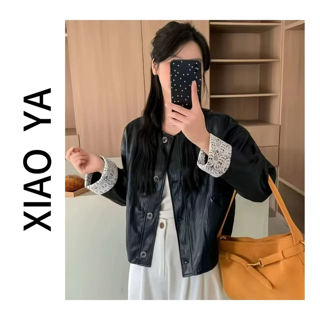 R109春季新款韩版百搭袖口拼蕾丝气质气质百搭皮衣外套