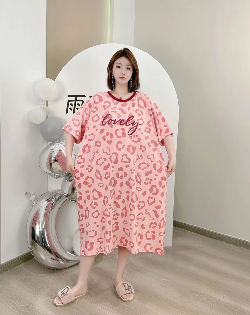 小胖【针织棉】纯棉女款大码宽松短袖睡裙夏季睡衣休闲家居服连衣裙