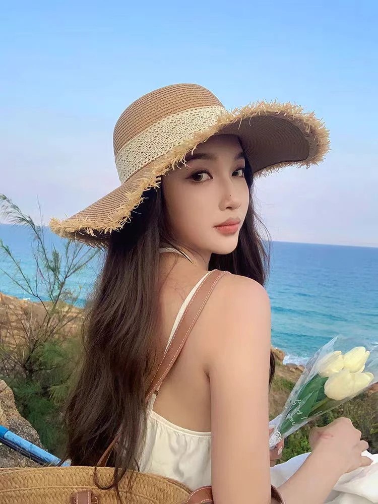 【黄蓉推荐】夏季沙滩风蕾丝带蝴蝶结毛边草帽时尚百搭手工草帽女