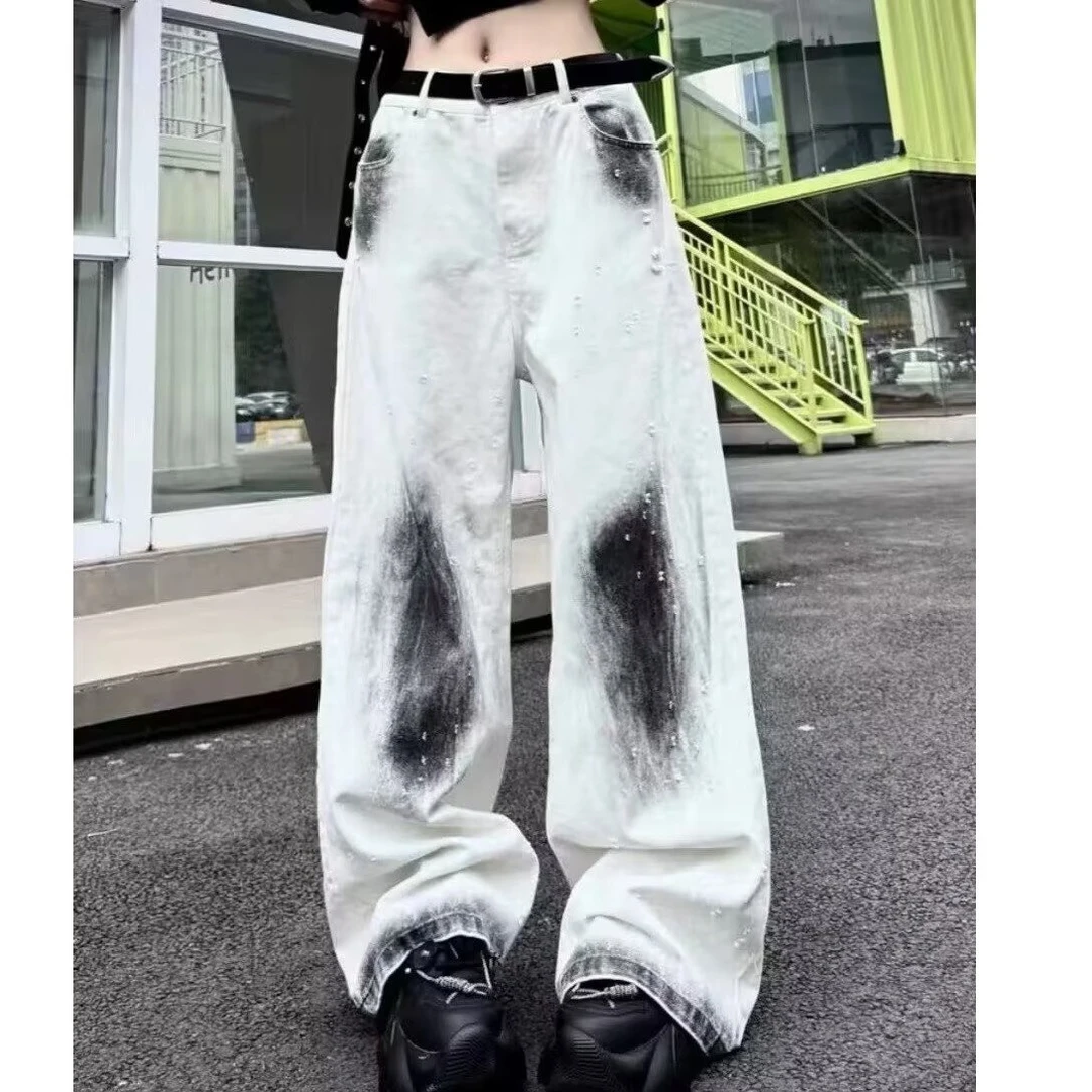 复古做旧阔腿牛仔裤男女款春秋高腰直筒裤子百搭休闲宽松拖地长裤