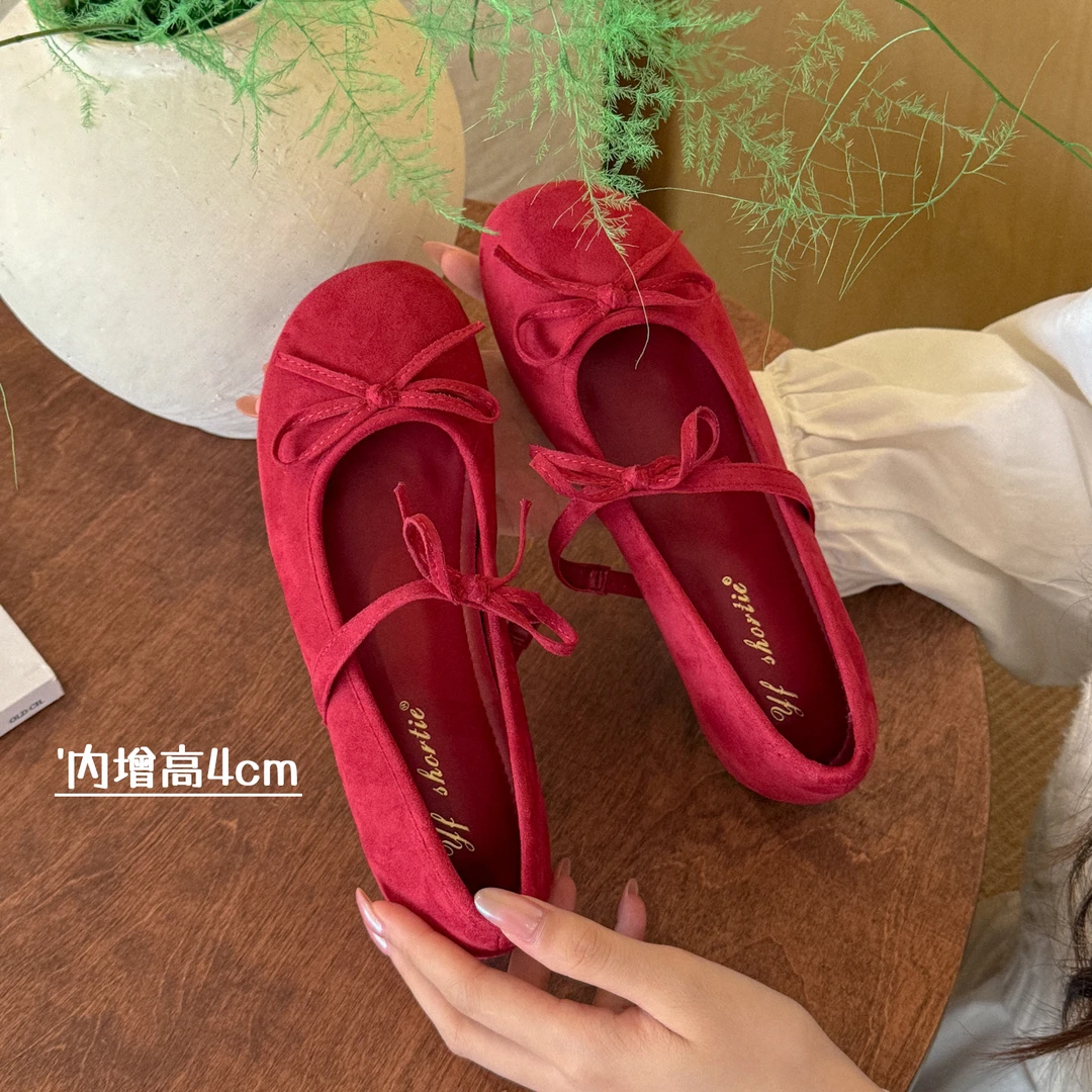 61oniiii＂旷野蔷薇＂4cm内增高红色绒面芭蕾单鞋女夏季玛丽珍鞋
