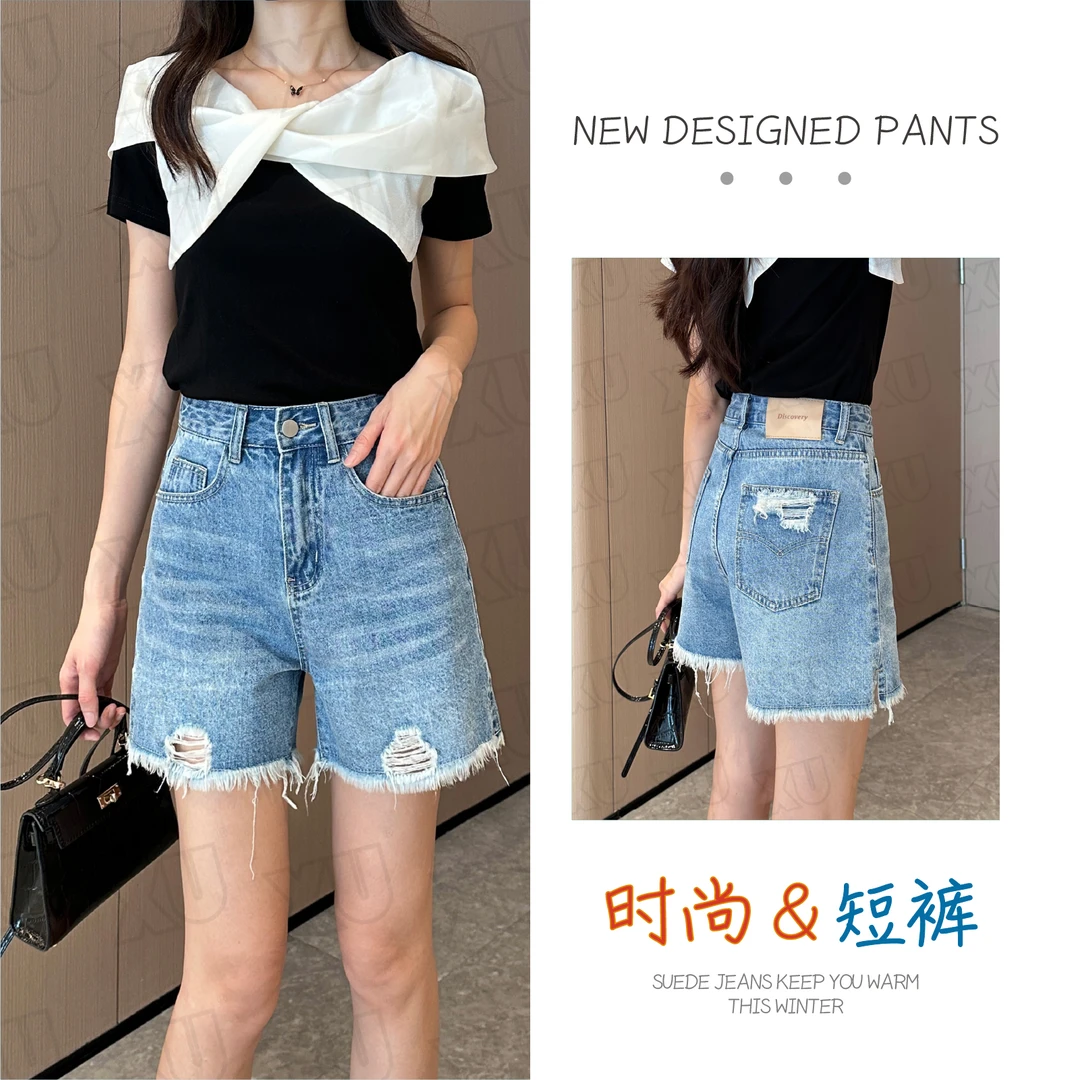 7601 W高腰牛仔短裤女夏季薄款宽松阔腿显瘦a字百搭破洞裤