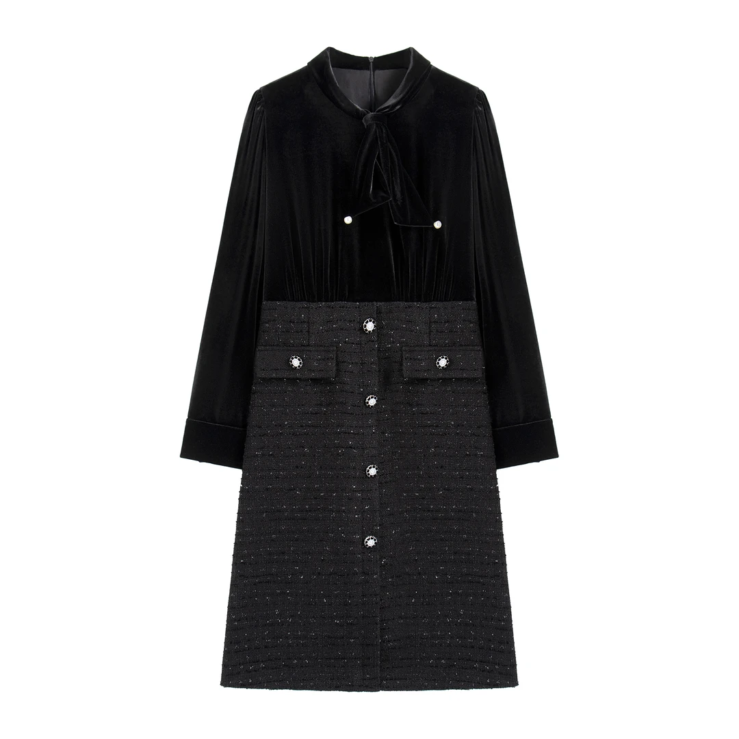 【南油虹姐】小香风显瘦气质长袖时尚黑色收腰秋冬连衣裙