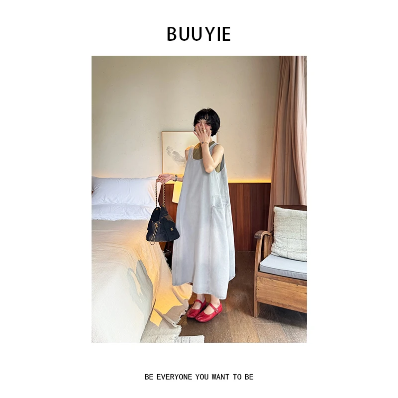 BUUYIE 25SS【‌澜飒】小众设计灰色无袖牛仔连衣裙 250568
