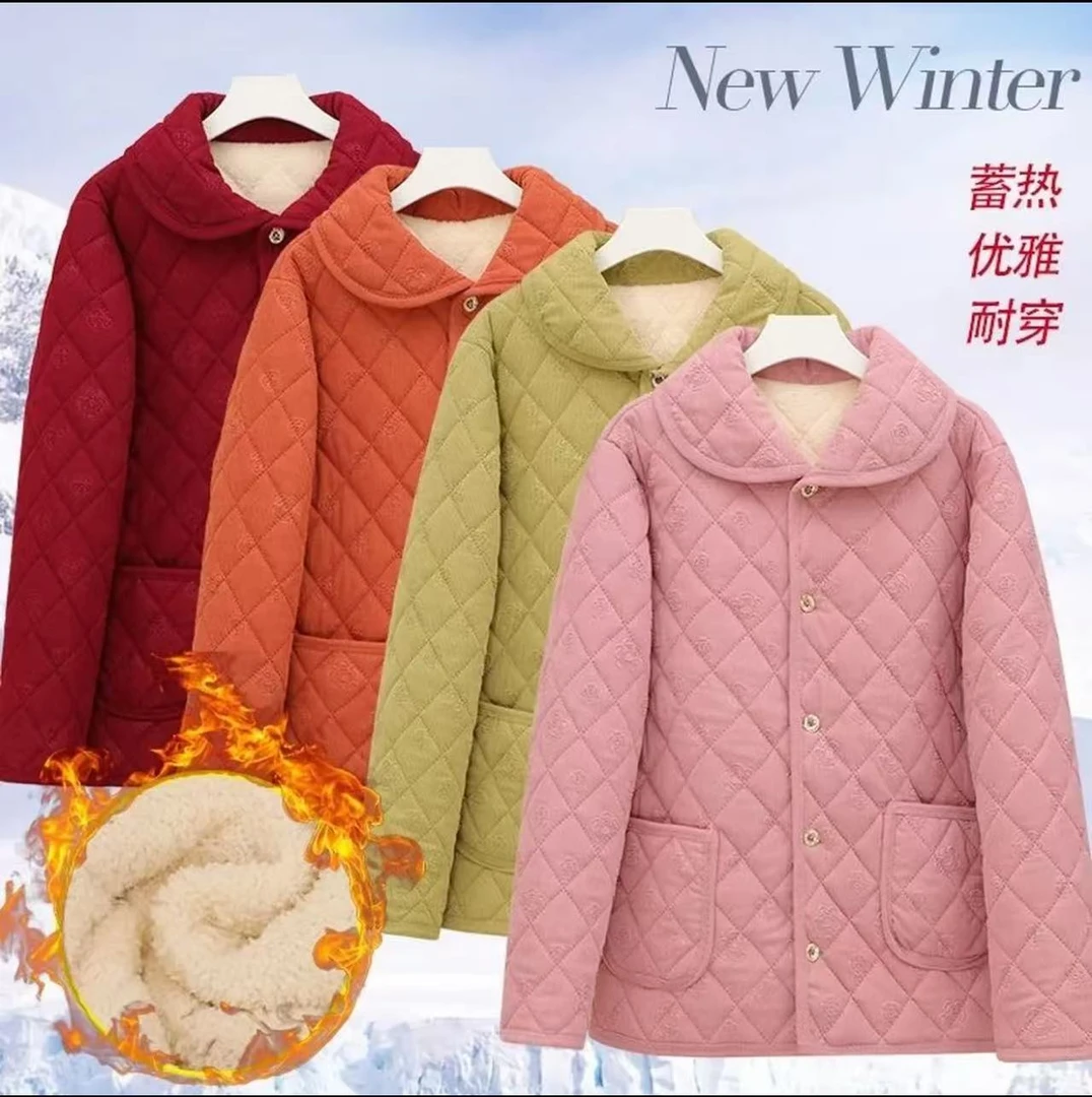 新款棉袄加绒加厚女妈妈装加绒棉衣中老年安可拉红棉服保暖外套