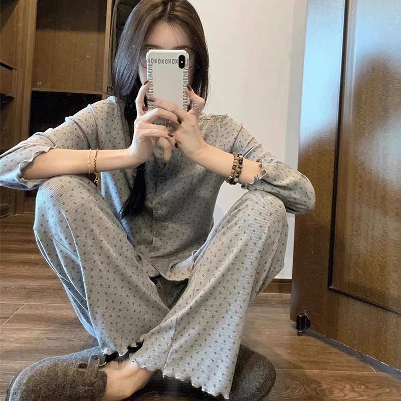 日系大码休闲睡衣套装莫代尔碎花圆领开衫网红洋气宽松甜美家居服