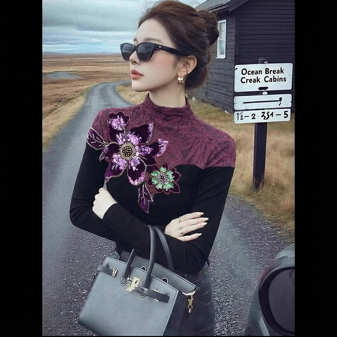 【芙娜妮】2025刺绣针织衫秋冬时尚打底衫短款套头上衣女F2531177A