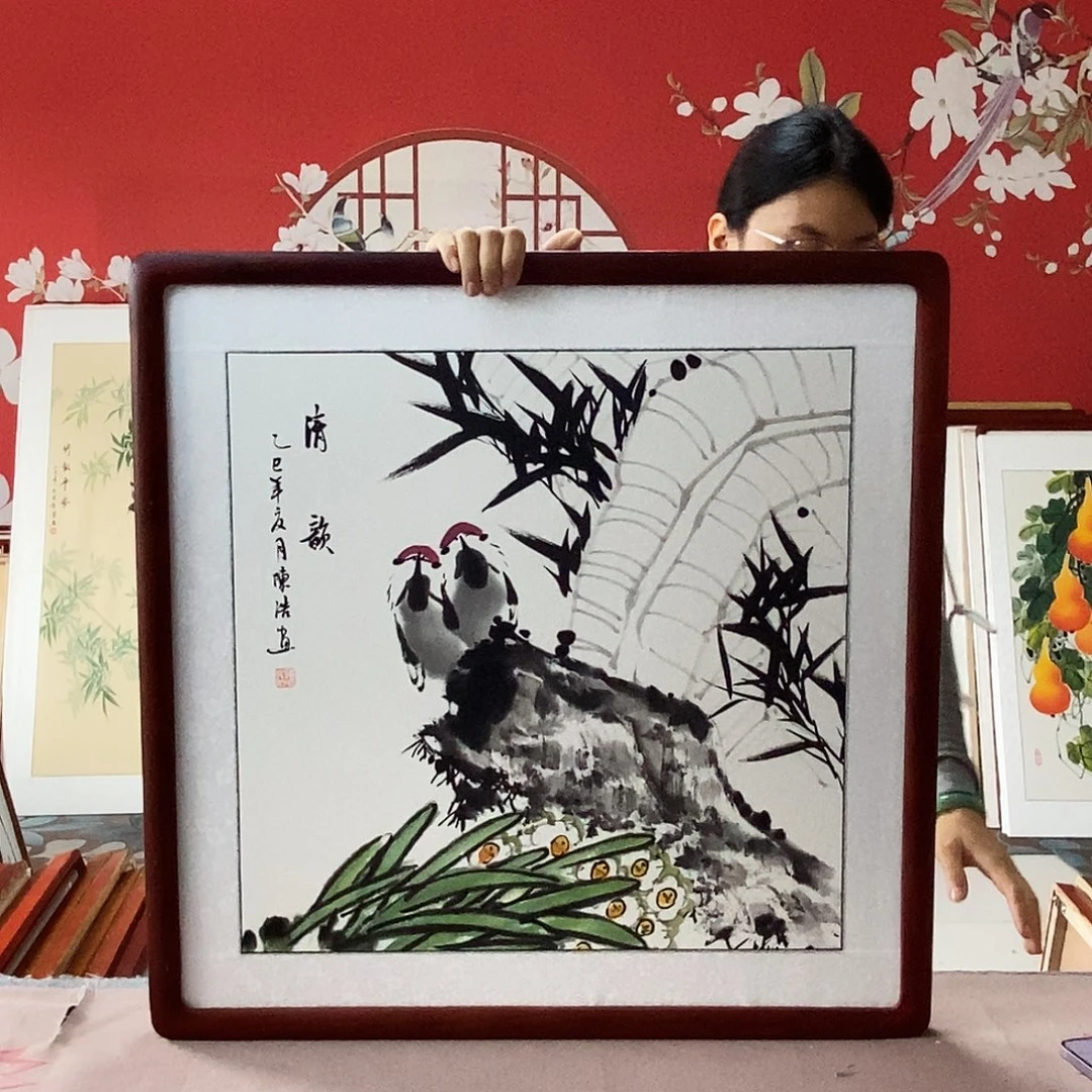 国画手写手绘国画作品带框包邮62✖️62