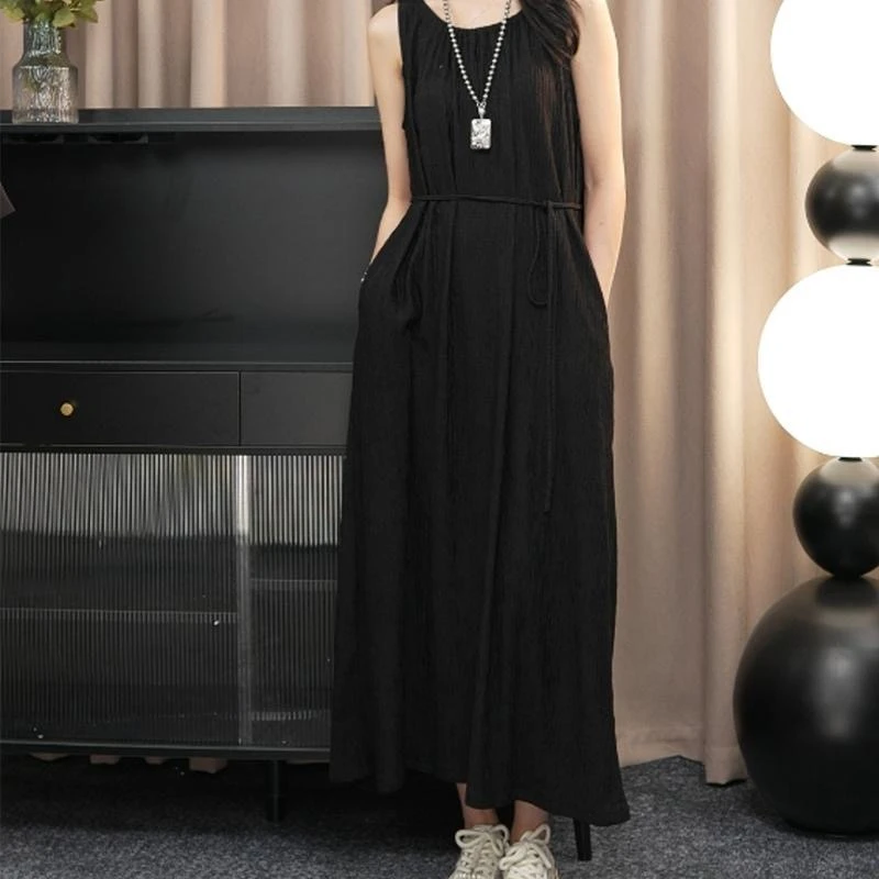 法式连衣裙女2025夏季新款气质复古黑色无袖睡裙宽松连衣裙