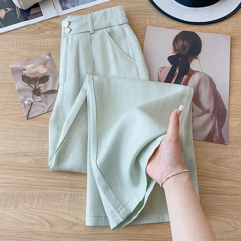 天丝亚麻阔腿裤女2025夏季薄款小个子高腰显瘦宽松九分休闲直筒裤