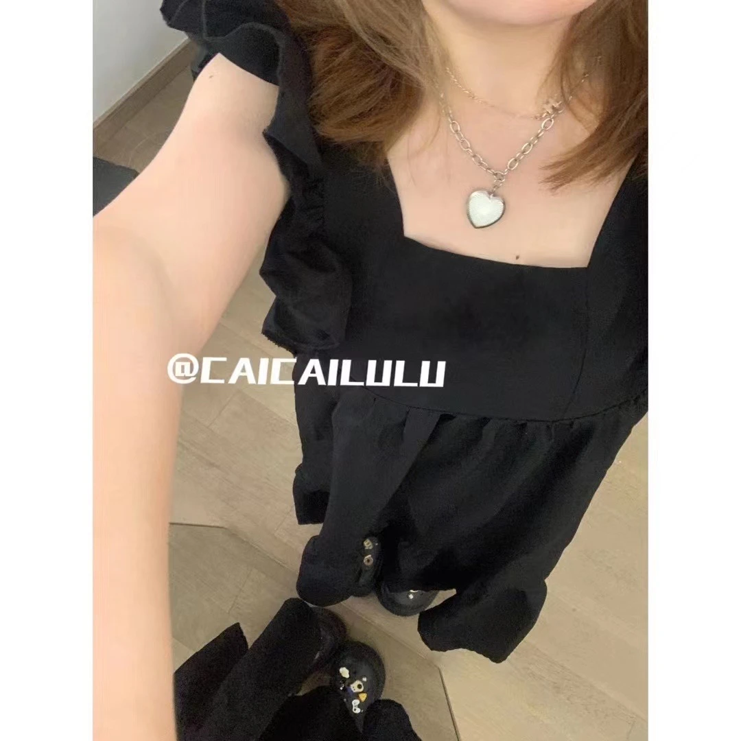 一字肩高腰方领拼接黑色不褪色夏季法式气质连衣裙