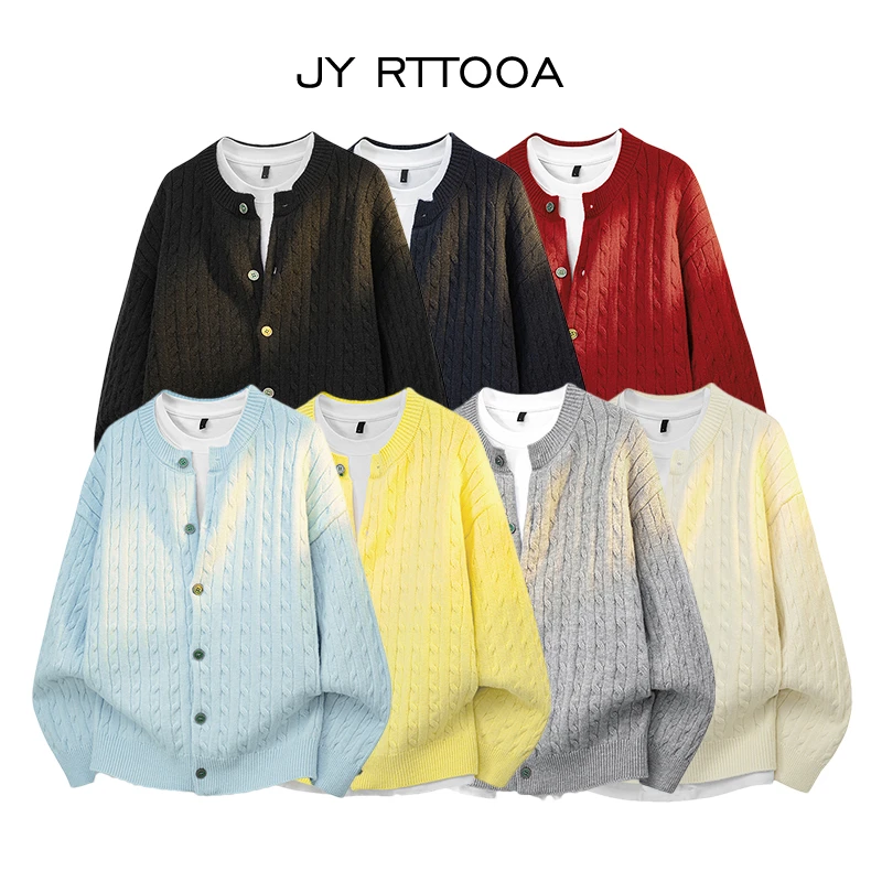 JY RTTOOA 秋季美式绞花圆领开衫毛衣男女宽松巴多胺针织衫外套潮