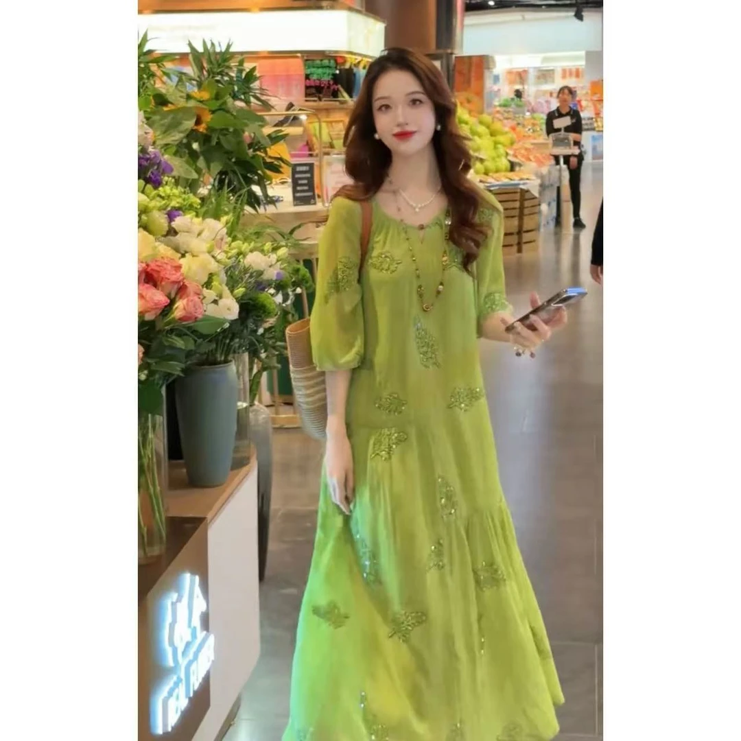 夏季旗袍绿色仙女连衣裙刺绣显瘦中长款法式复古宽松甜美收腰