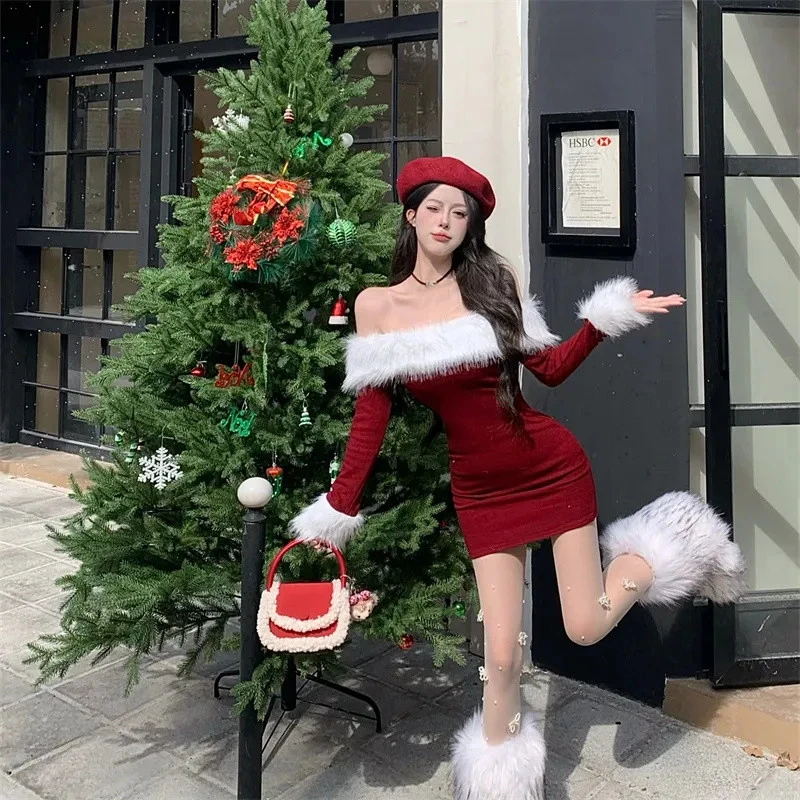 圣诞辣妹红色短裙性感一字气质拼接毛毛新款连衣裙秋冬新年裙子