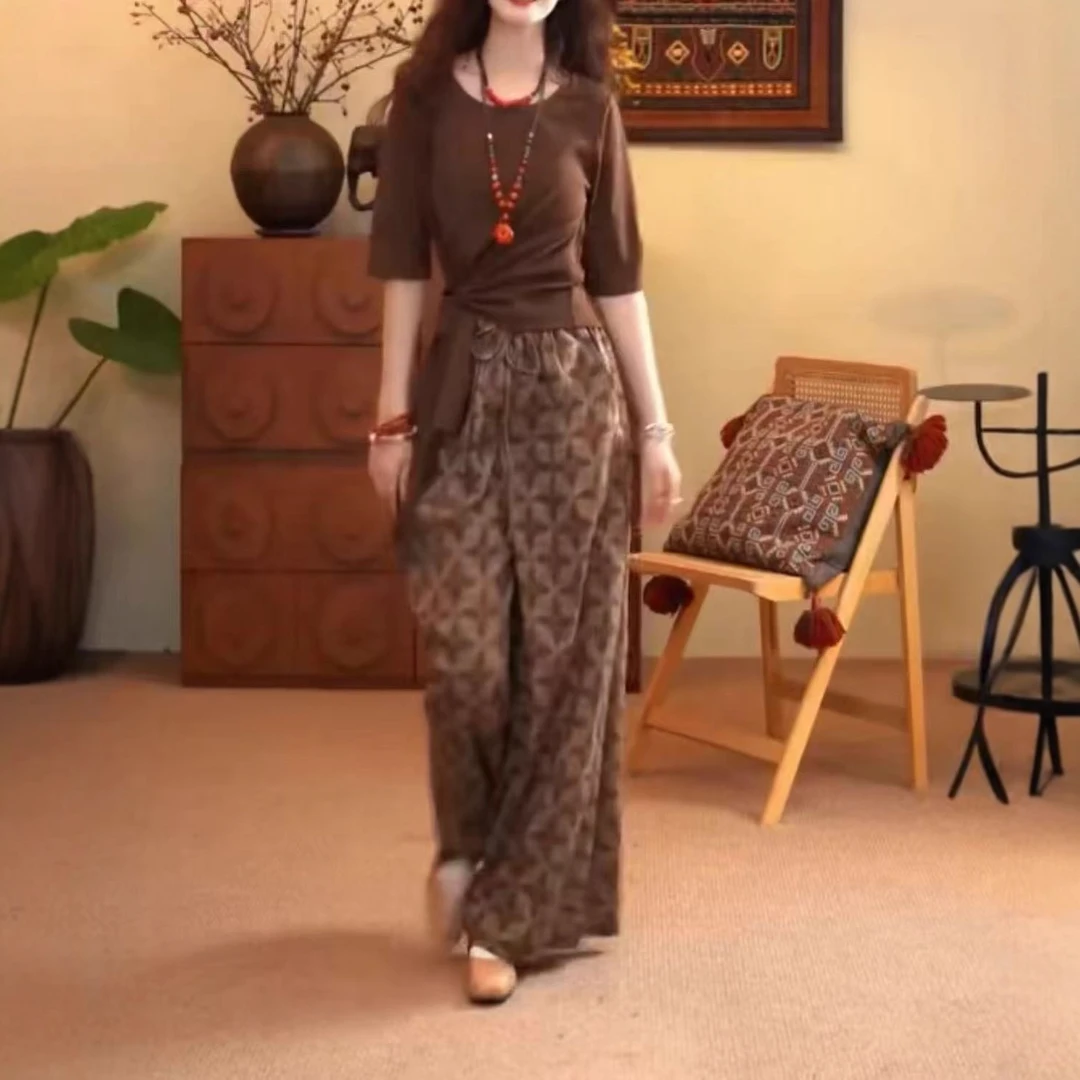 2025夏季新款洋气时尚高级感酷飒系带洋气T恤休闲高腰阔腿裤潮