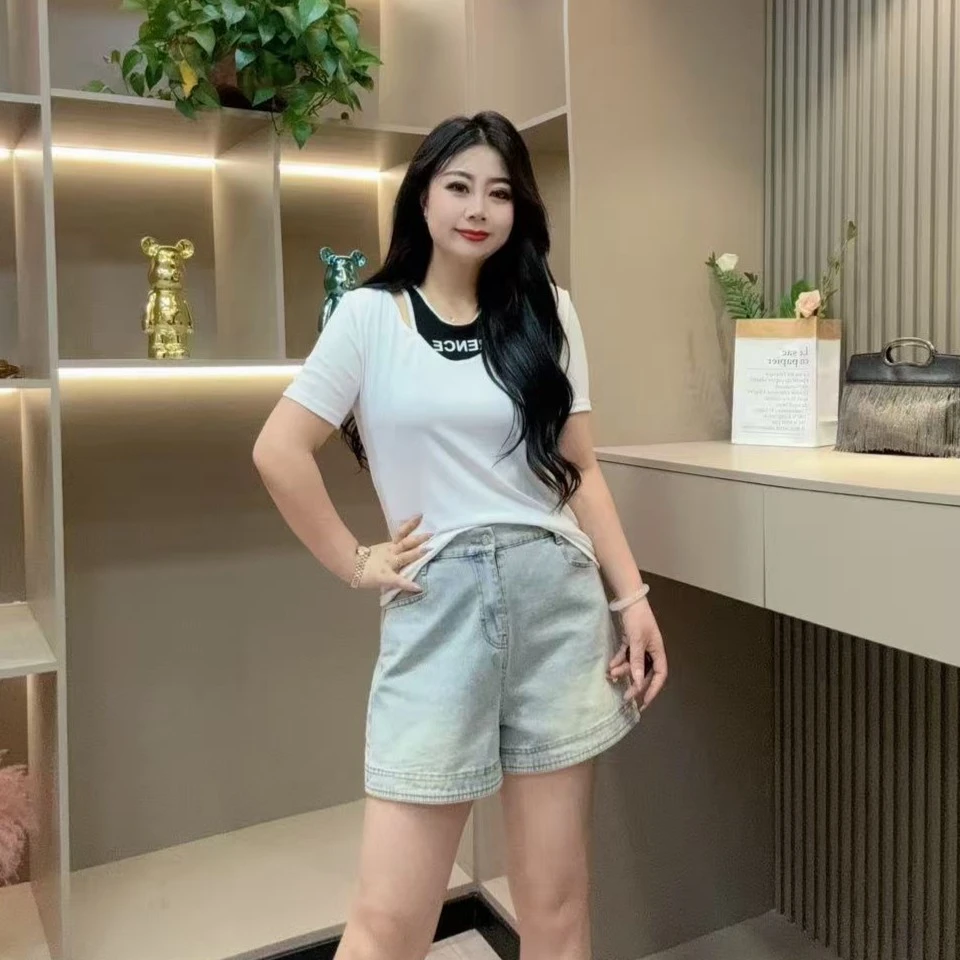 夏季半袖-桃 2538时尚潮流镂空字母假两件显瘦款胖MM大码女装新款