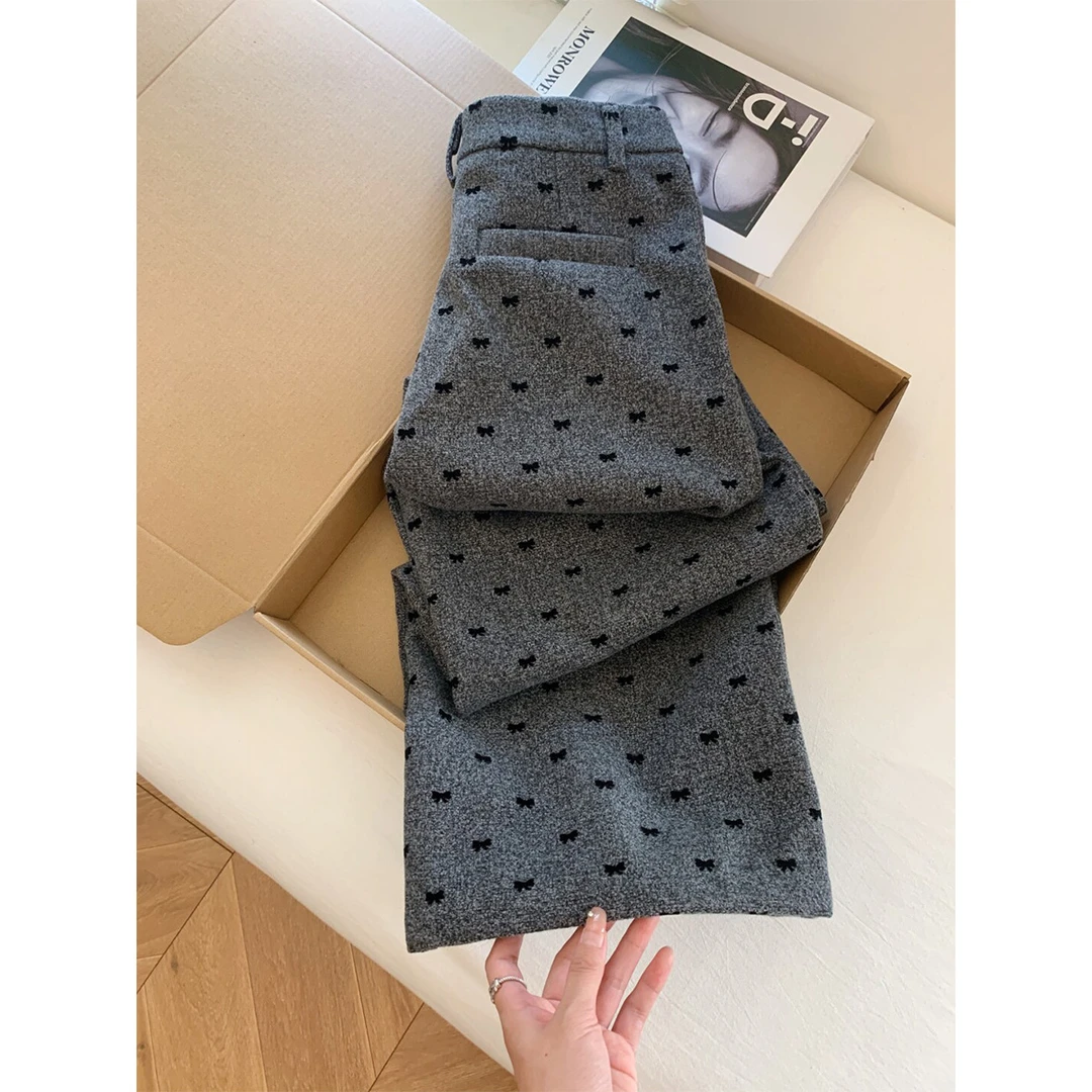 韩系灰色蝴蝶结波点休闲裤女秋冬季新款高腰百搭宽松显瘦直筒裤子