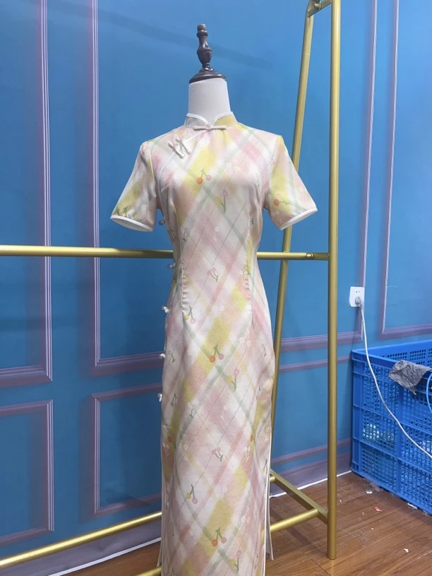 V-2937 粉小樱桃 丝嘛 国风 新中式 夏款年轻款改良旗袍120cm长款