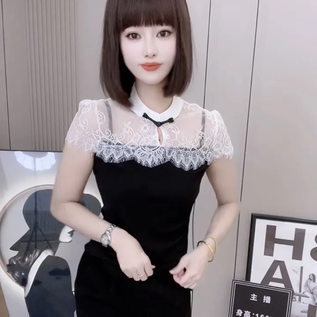 新中式蕾丝拼接短袖T恤立领设计显瘦气质修身上衣