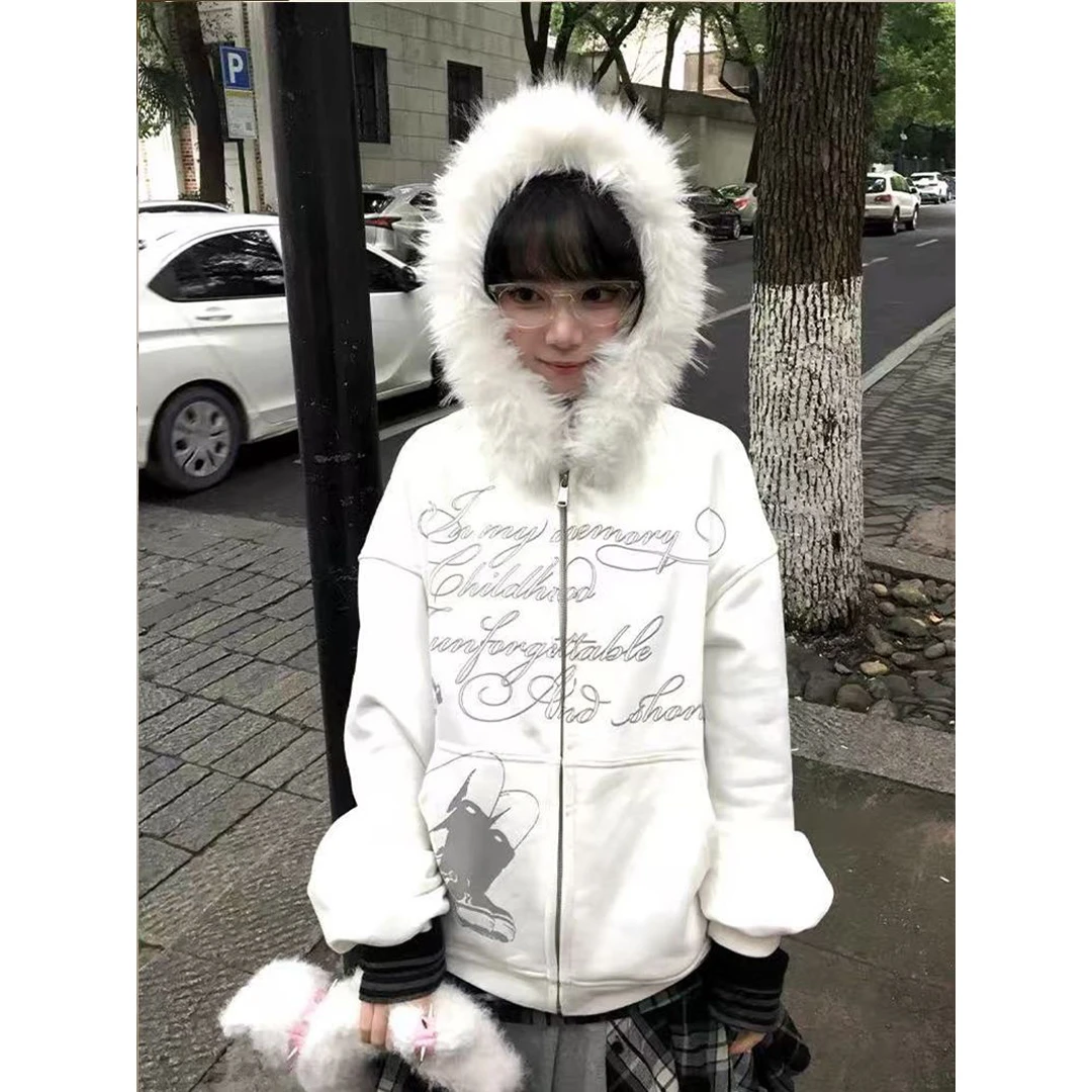 秋冬心情日记满印文字美式舒适毛领加绒卫衣女黑白连帽宽松外套潮
