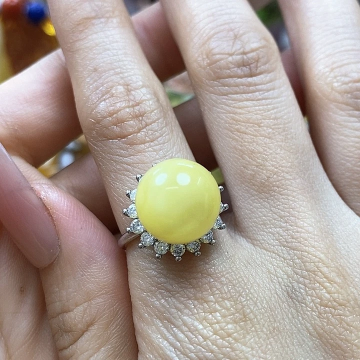 琥珀戒指银S925镶嵌戒指