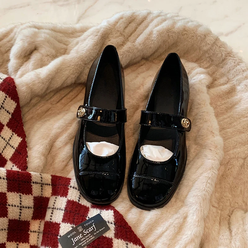【美少女壮士专属】新款圆头一字带金属扣粗跟玛丽珍单鞋女小皮鞋女