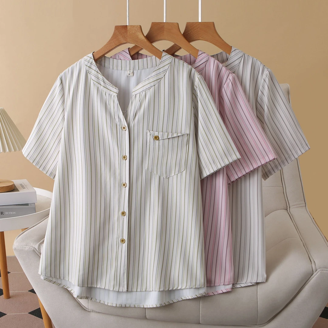 大码女2025新款夏装胖mm上衣圆领设计感条纹宽松显瘦衬衫上衣5079