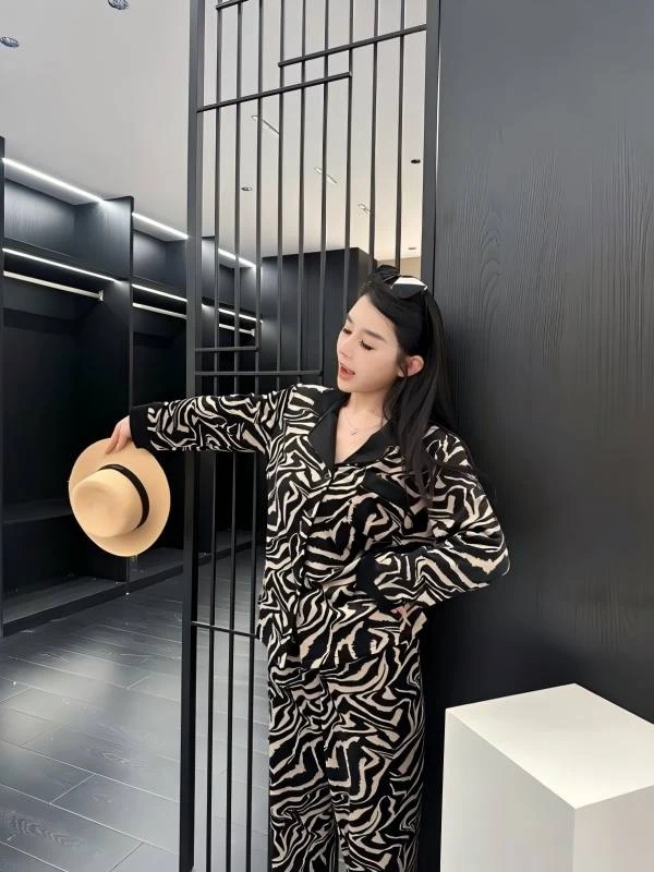 保暖睡衣长袖睡袍条纹长裤家居服长裙斑马纹宽松冬季