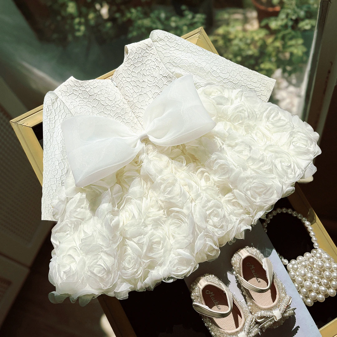 儿童生日公主裙2025新款秋冬女宝宝白色蓬蓬纱裙婴儿衣服周岁礼服