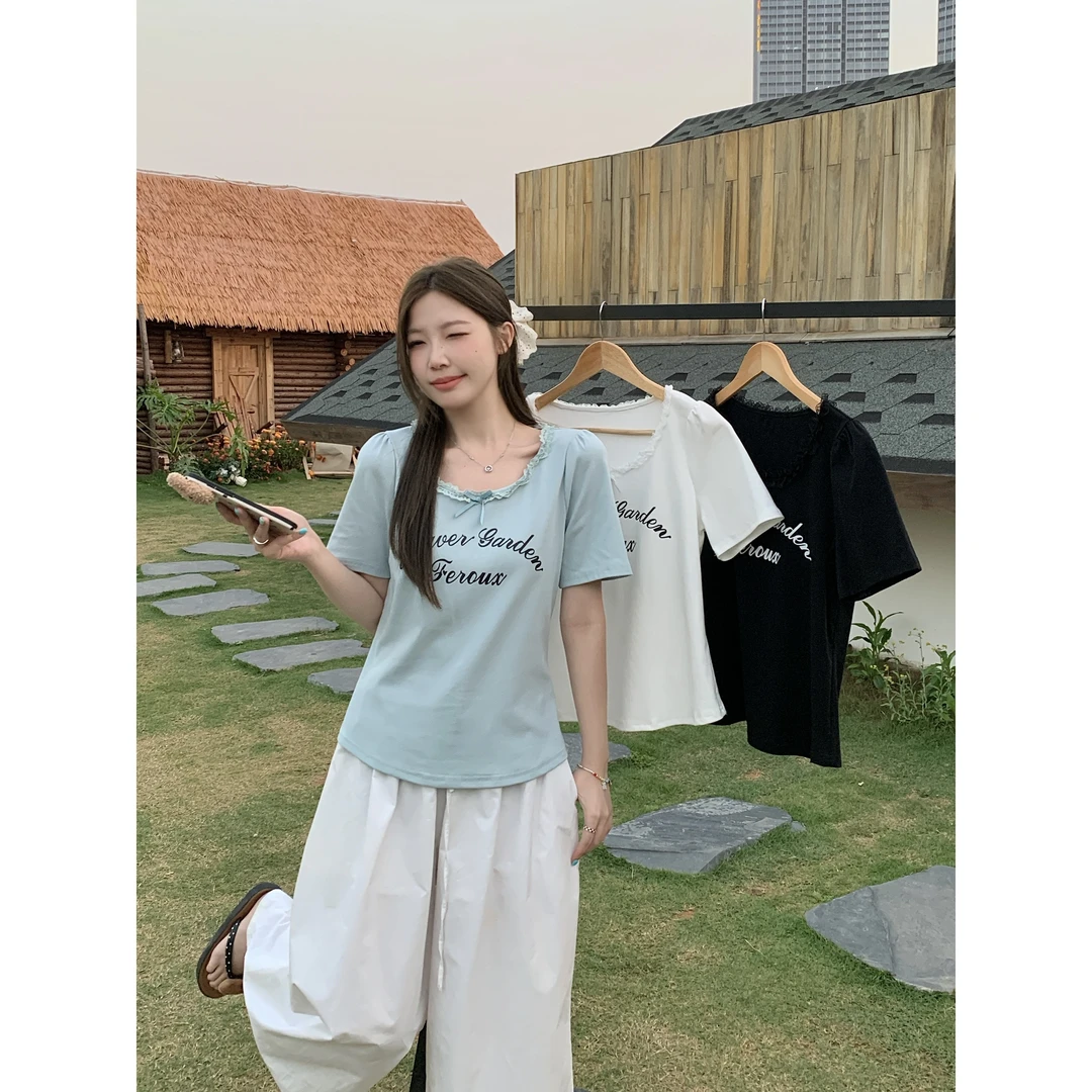 清2025夏装时尚大码蝴蝶结蕾丝边短袖T恤收腰修身显瘦上衣64125