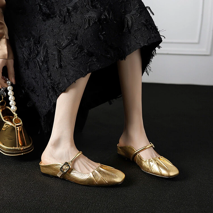 aini尾货夏季牛皮网红百搭包头拖鞋金色银色内增高圆头平底单鞋