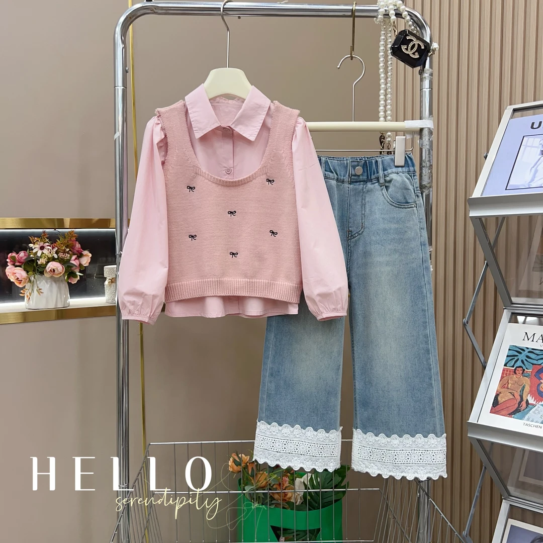 【果妈家】女童2025春季新款韩版洋气毛衣背心+衬衫+牛仔裤套装6063