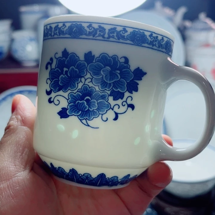青花玲珑办公杯牡丹花无盖