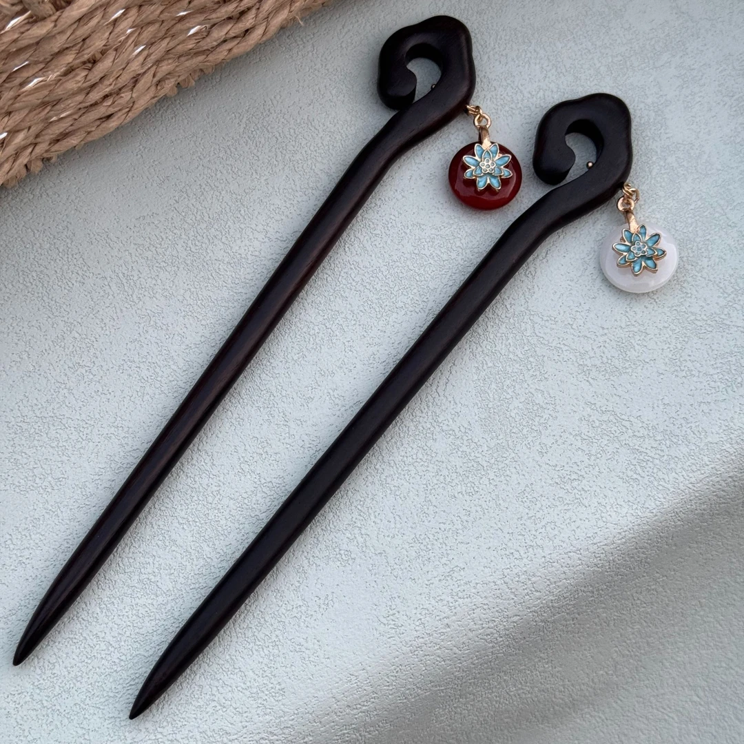 18厘原创新中式发簪古风汉服旗袍黑檀木盘发簪子平安扣木簪气质女