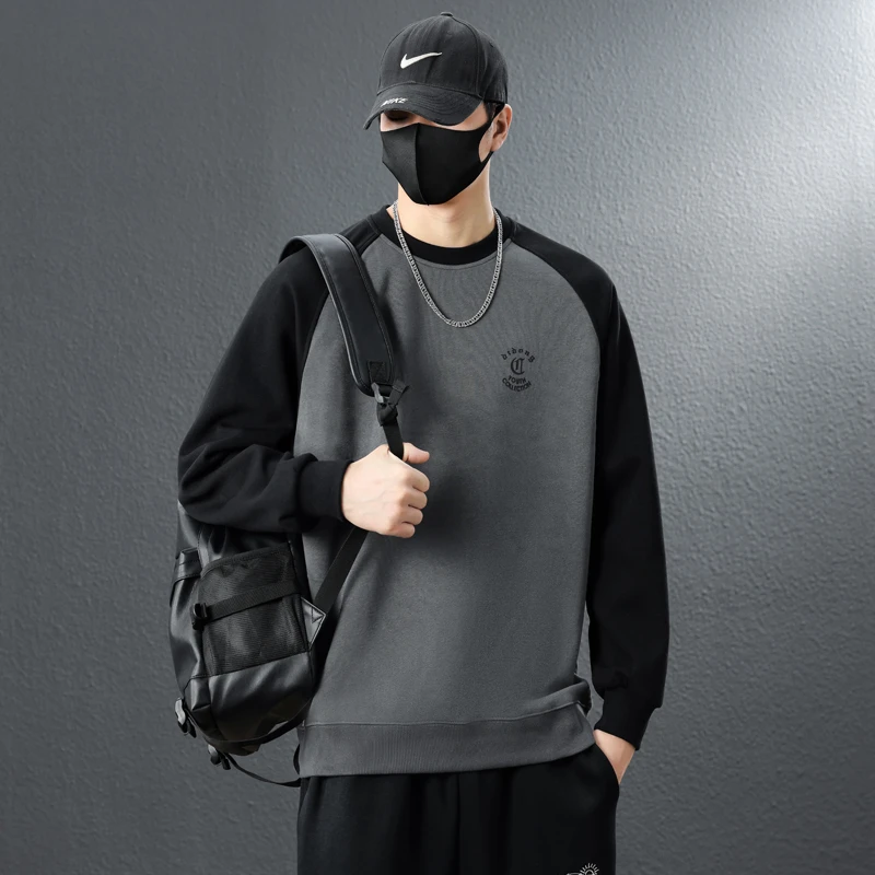 撞色圆领卫衣男士春秋季2025新款重磅百搭休闲长袖上衣潮牌打底衫