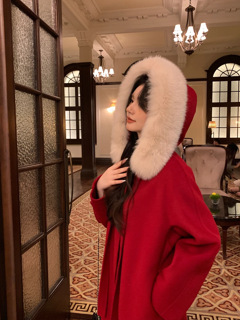 【小魔女】长款狐狸毛领羊绒外套秋冬高级感双面羊毛呢新款大衣女