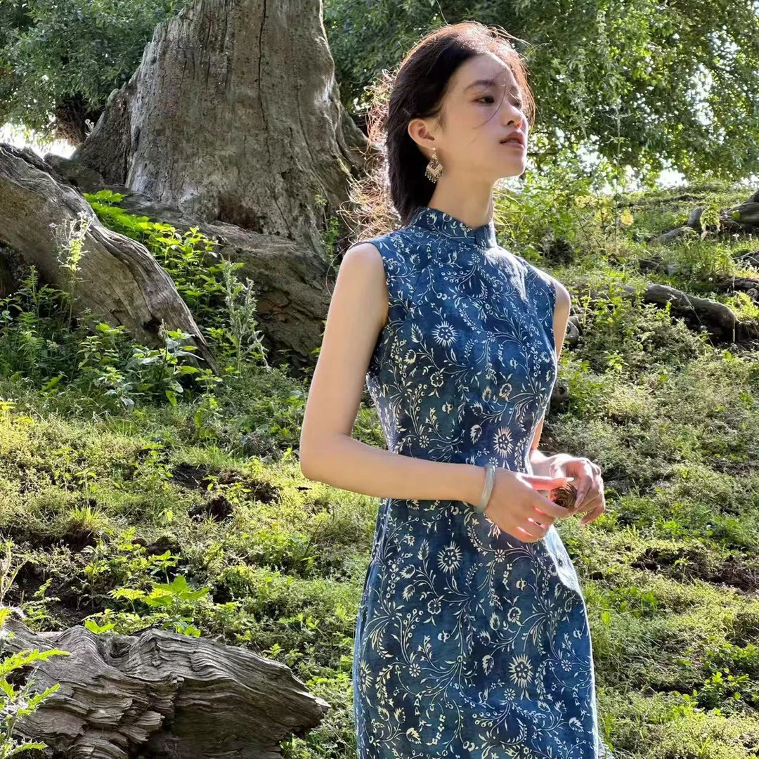 青瓷｜如愿薄款印花日常无开衩短袖花色旗袍夏季蓝色优雅复古
