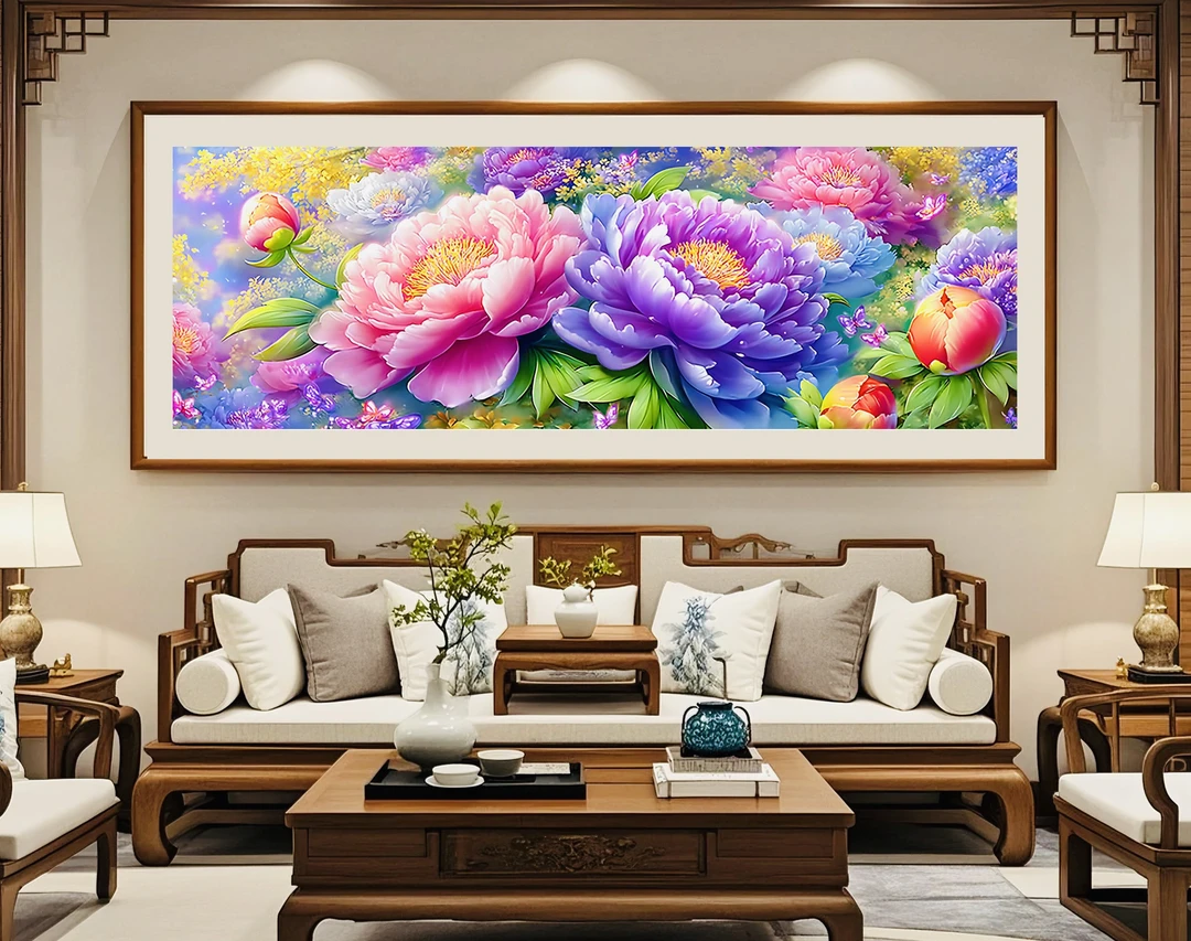 定制款版权图新款紫黛凝香大牡丹十字绣60色客厅挂画230×85cm