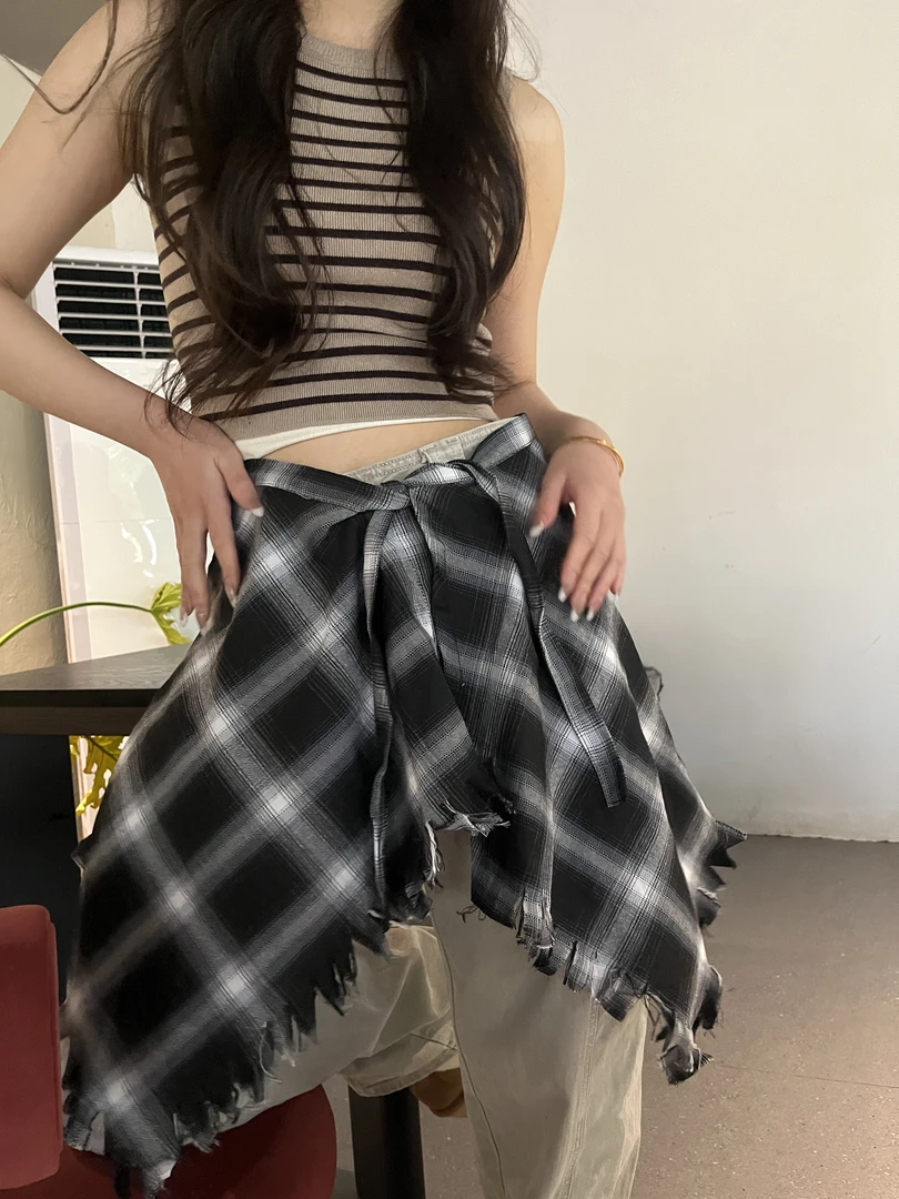 今年流行彩色黄色格子屁帘女一片式皮带黄格藏肉神器男下摆男生衫