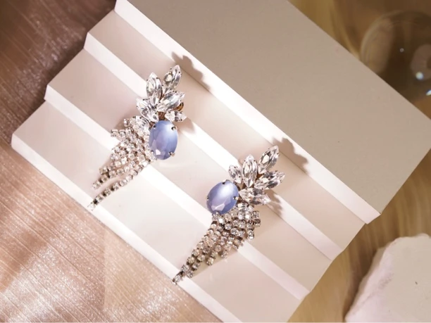 合金耳饰 Anka中古意产莱茵石花枝流苏耳夹vintage不退换