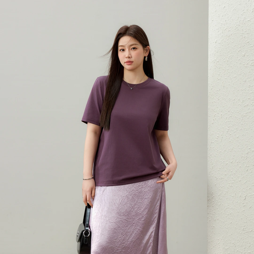 【简约纯色T恤】纤莉秀大码女装基础款气质圆领百搭显瘦T恤QK1534