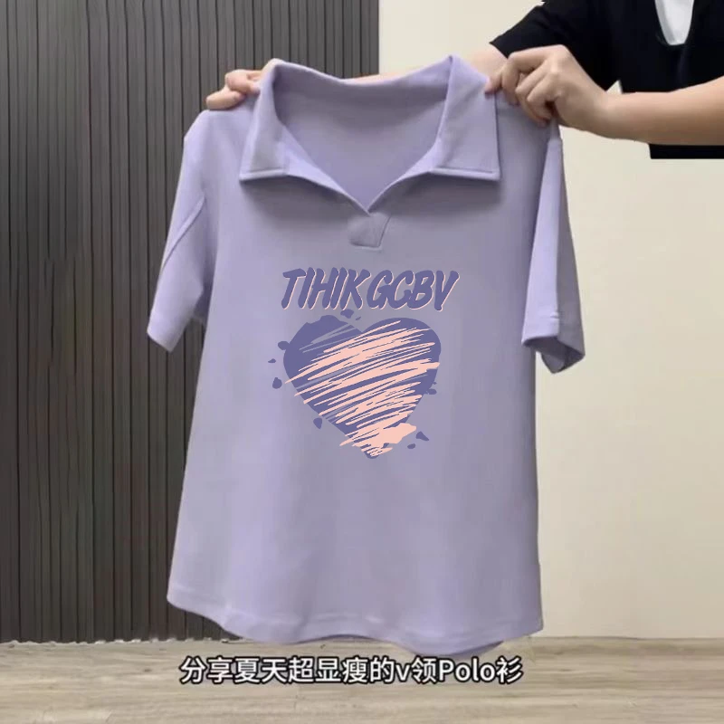 大码紫色正肩polo领短袖t恤女2025年新款夏季胖mm巨显瘦遮肚上衣