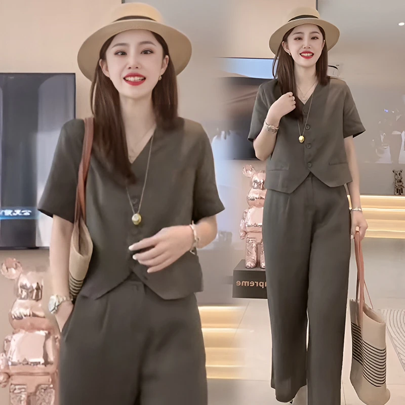 2025夏季复古v领衬衫阔腿裤两件套装女小个子时尚休闲显瘦一整套
