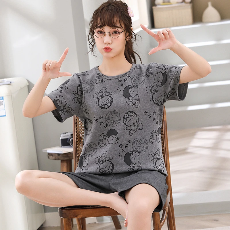 休闲睡衣女夏季薄款纯棉短袖短裤家居服套装宽松大码少女学生夏天