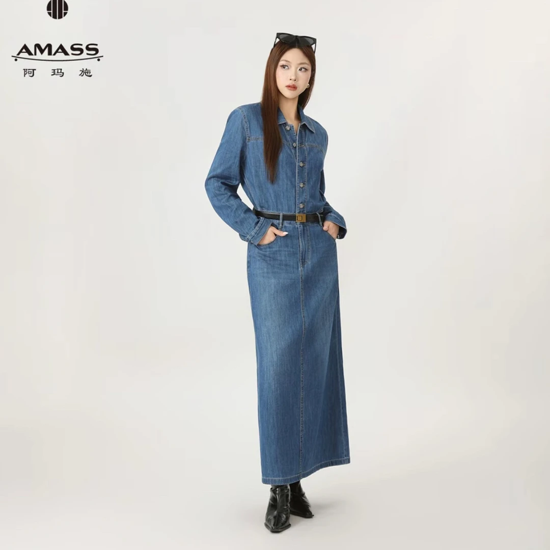 AMASS/阿玛施550043早秋法式复古时尚收腰气质翻领长款牛仔连衣裙
