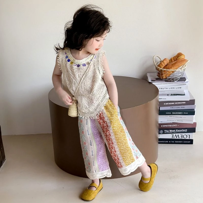 【送包包】女童背心七分裤套装夏季中小童时髦波西米亚儿童三件套