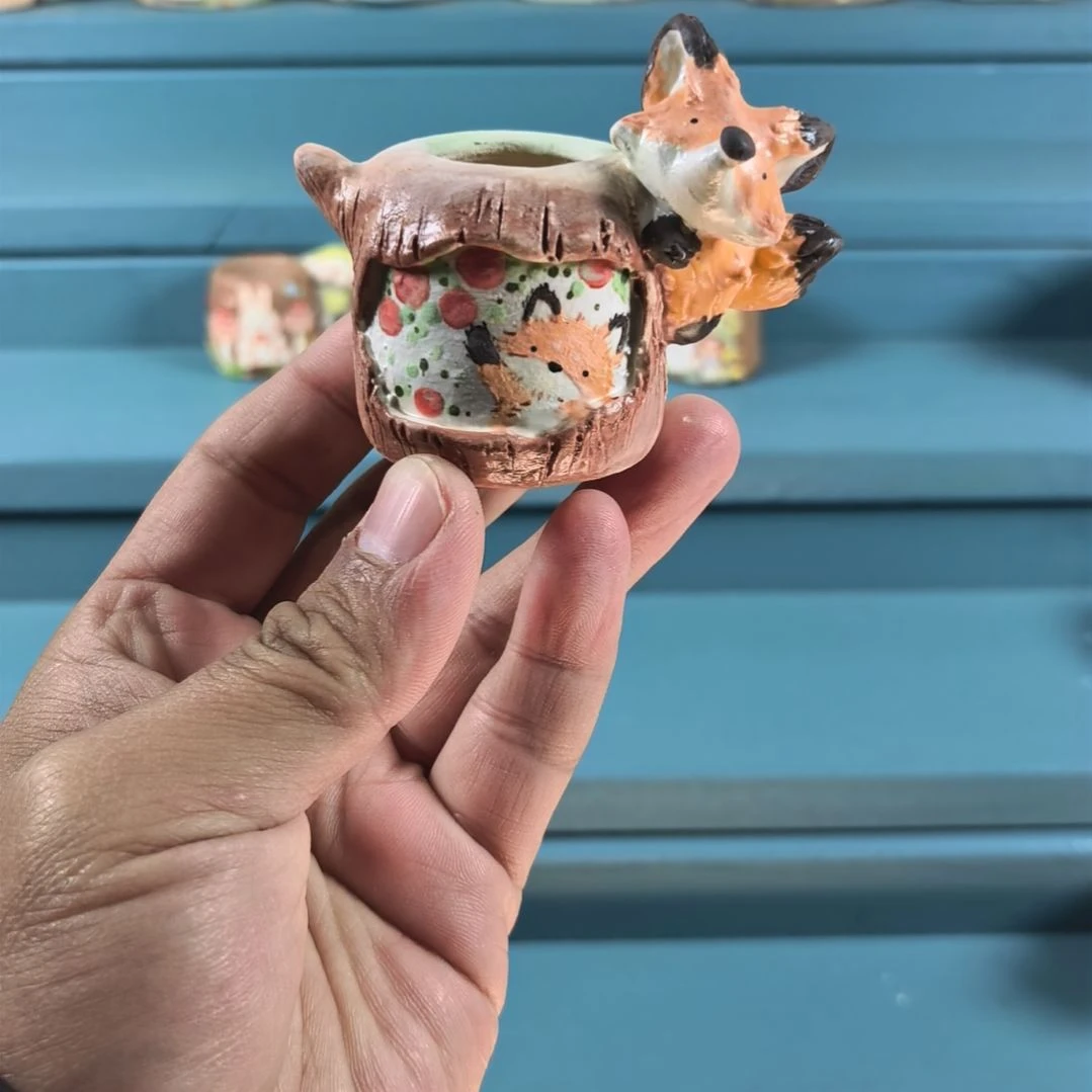 异形大树小狐狸 手绘多肉花盆